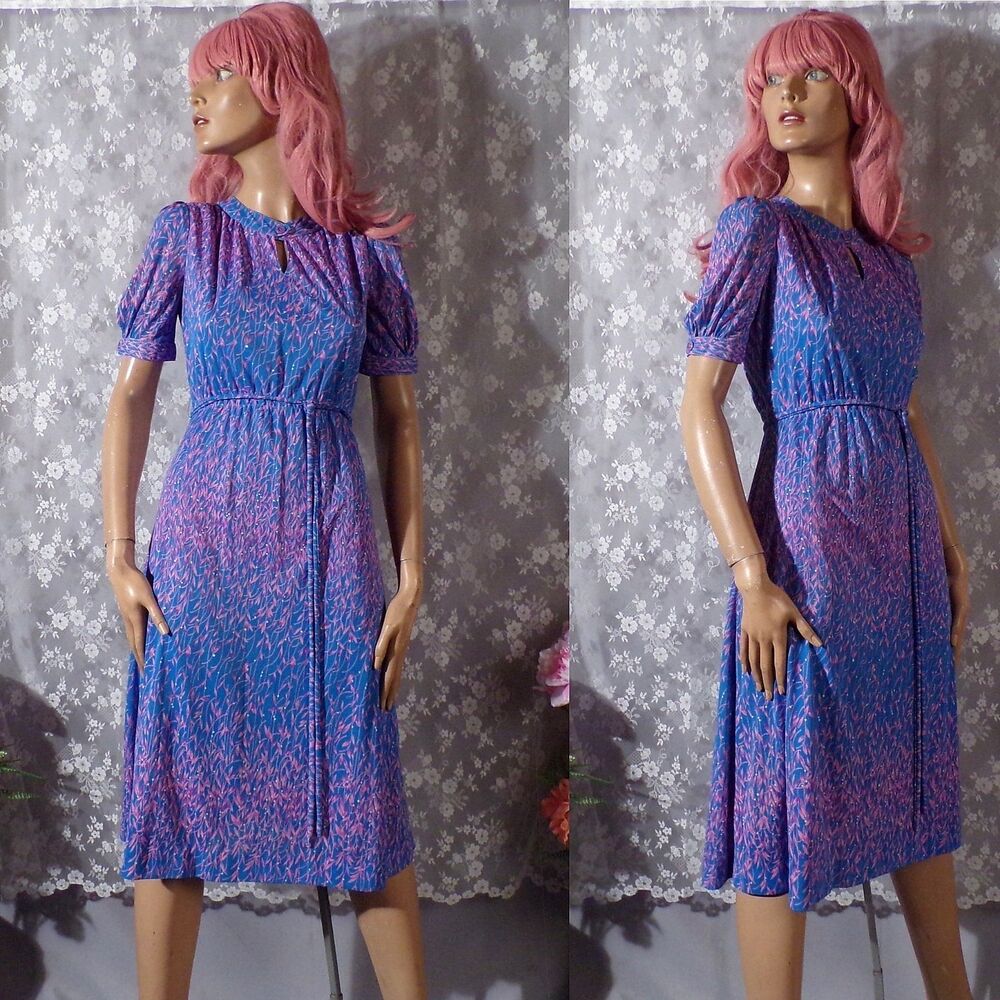 Vintage 60s Blue Pink Dress Puff Sleeve Keyhole Belted Floral Mod Midi Size Sm